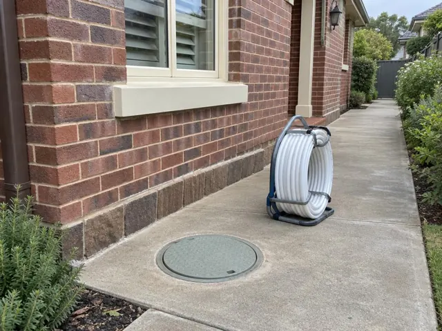 Flush round access cover set in a concrete side path beside a brick house in Gordon